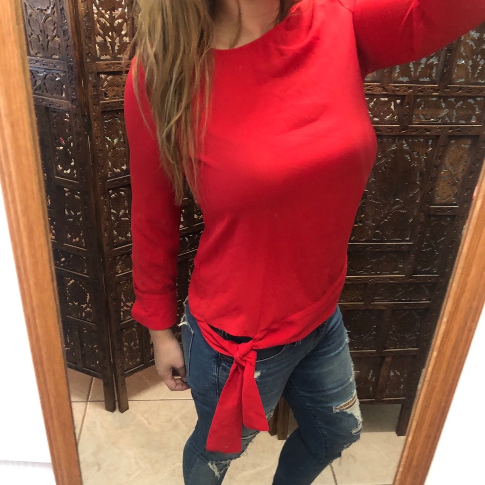 Cherry Red Chiffon Waist Tie Blouse Top Small - Picture 2 of 3